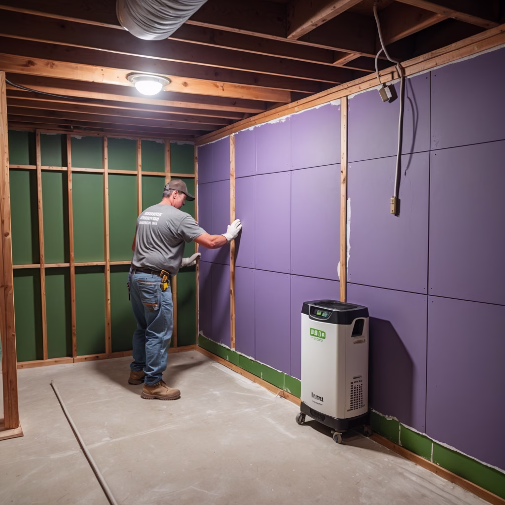 Contractor installing moisture-resistant drywall panels in a Youngstown, OH basement with framing visible and a dehumidifier in the background, illustrating proper basement drywall selection.
