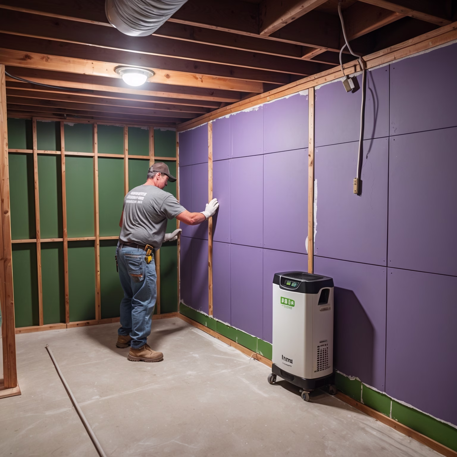 Contractor installing moisture-resistant drywall panels in a Youngstown, OH basement with framing visible and a dehumidifier in the background, illustrating proper basement drywall selection.