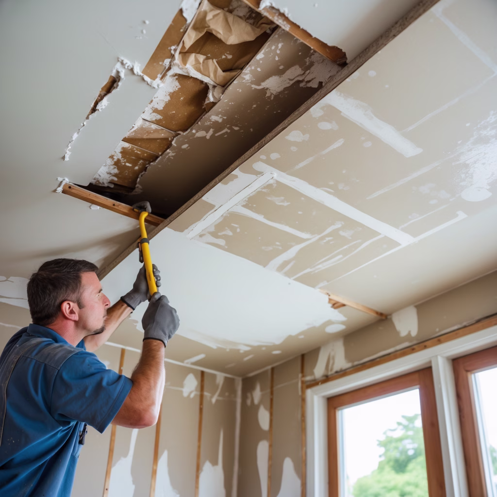 Contractor removing a section of water-damaged, stained ceiling drywall in a residential home, with replacement materials and repair tools staged nearby.