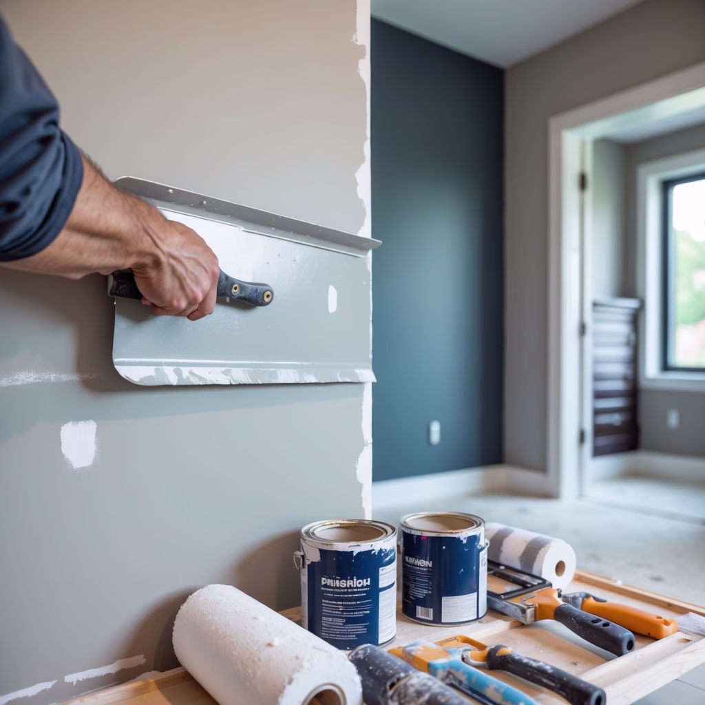 Drywall finisher applying a smooth coat of joint compound to a wall, with painting supplies and a finished painted wall visible in the background.
