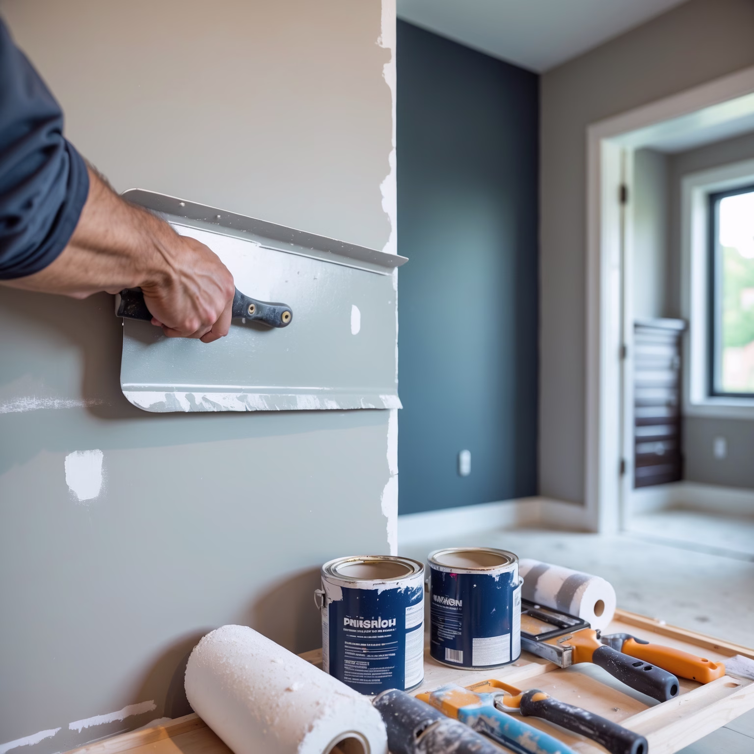 Drywall finisher applying a smooth coat of joint compound to a wall, with painting supplies and a finished painted wall visible in the background.