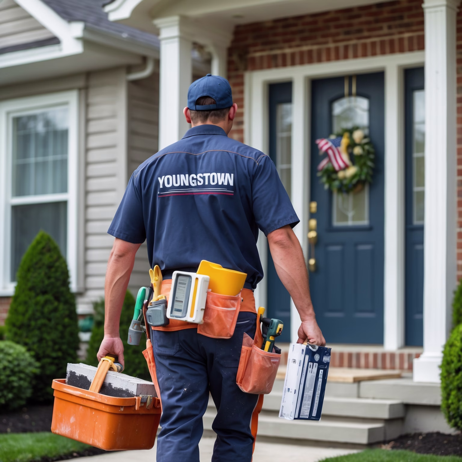 Drywall repair technician arriving at a Youngstown, OH home with tools and patching materials, ready to perform same-day drywall repair service.