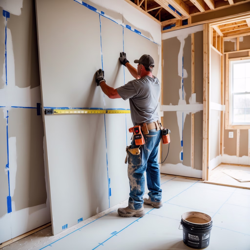 Professional drywall installer fitting drywall panels in a residential room in Youngstown, OH, with installation tools visible in the foreground.