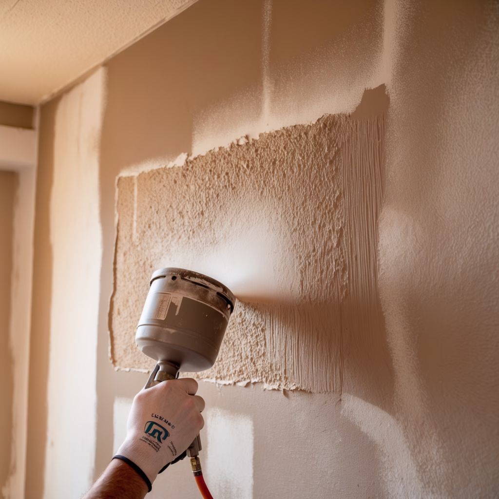 Drywall finisher using a spray hopper to match and blend wall texture on a repaired section of a residential wall, achieving a seamless finish.