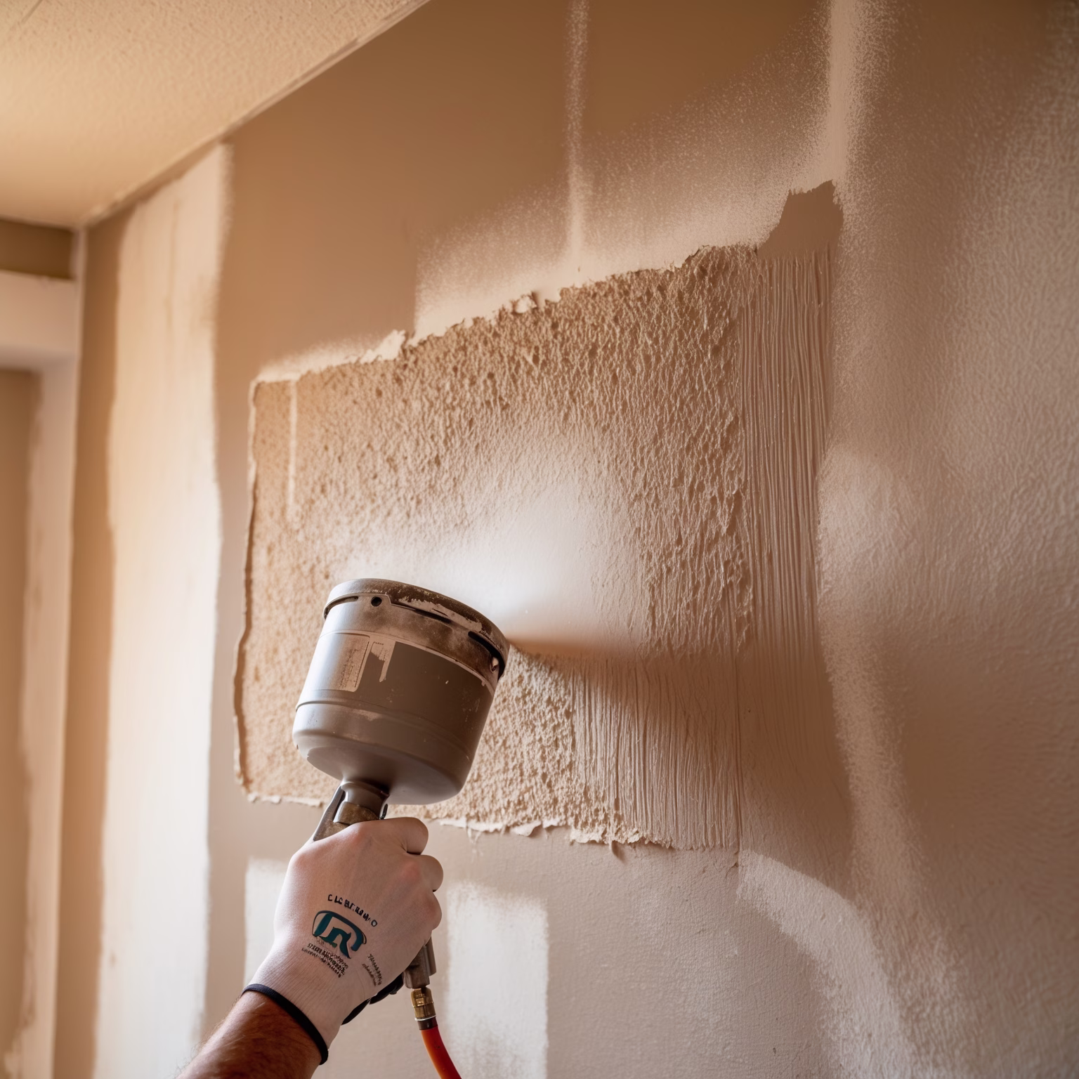Drywall finisher using a spray hopper to match and blend wall texture on a repaired section of a residential wall, achieving a seamless finish.