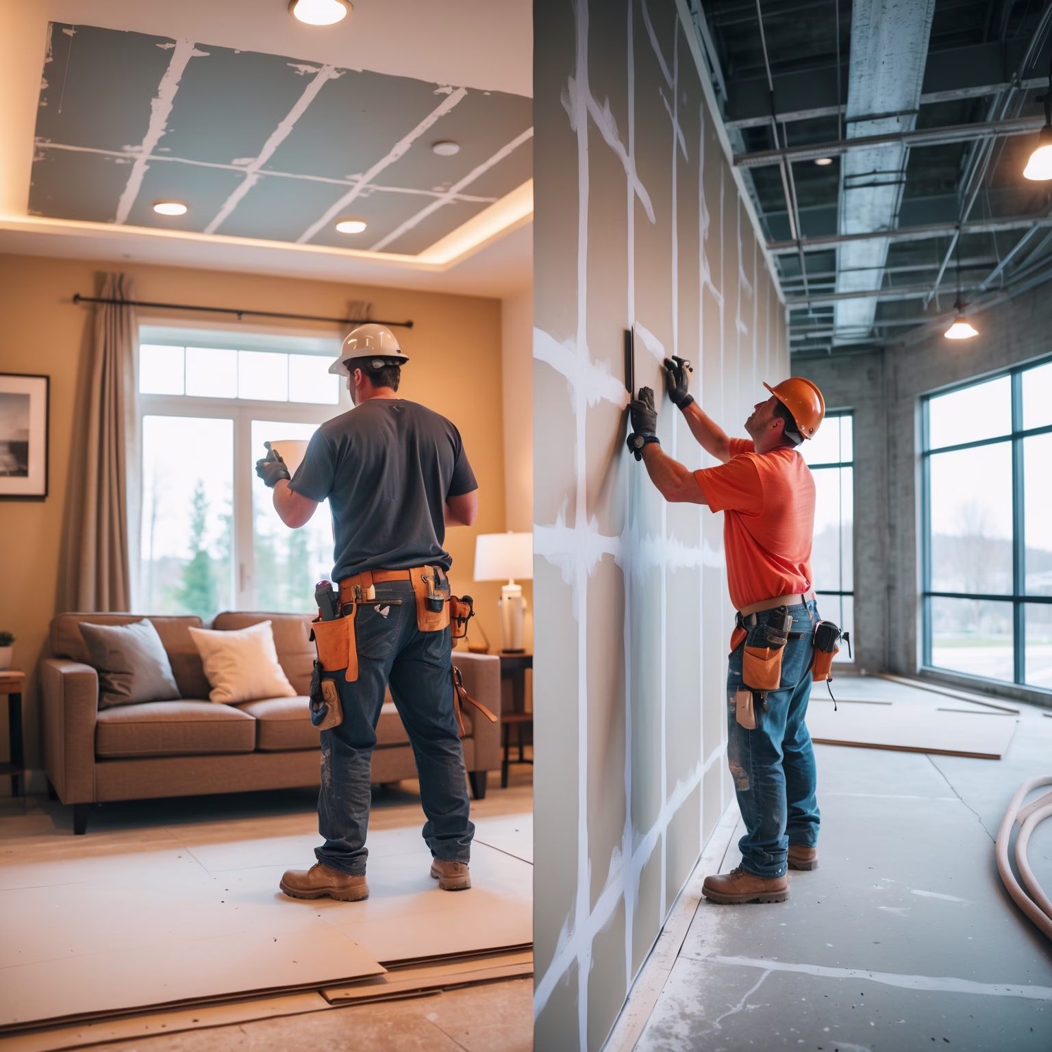 image showing a drywall contractor working in a residential living room on the left and a large commercial office space on the right, representing both service types.