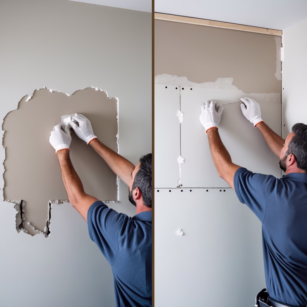 Side-by-side comparison showing a contractor patching a small drywall hole on the left and removing a full damaged drywall panel for replacement on the right.