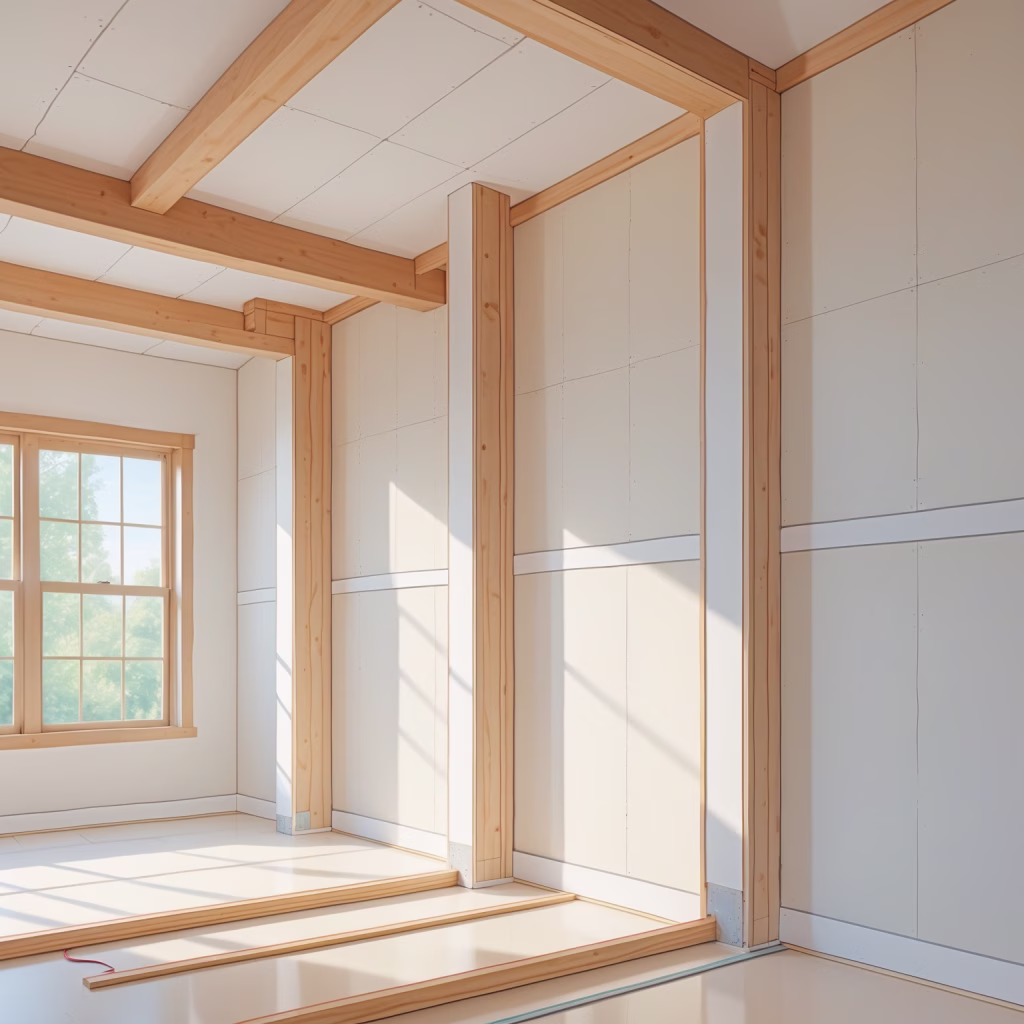 Step-by-step visual showing the drywall installation timeline, from hanging panels and taping joints to mudding and finishing a smooth wall surface.